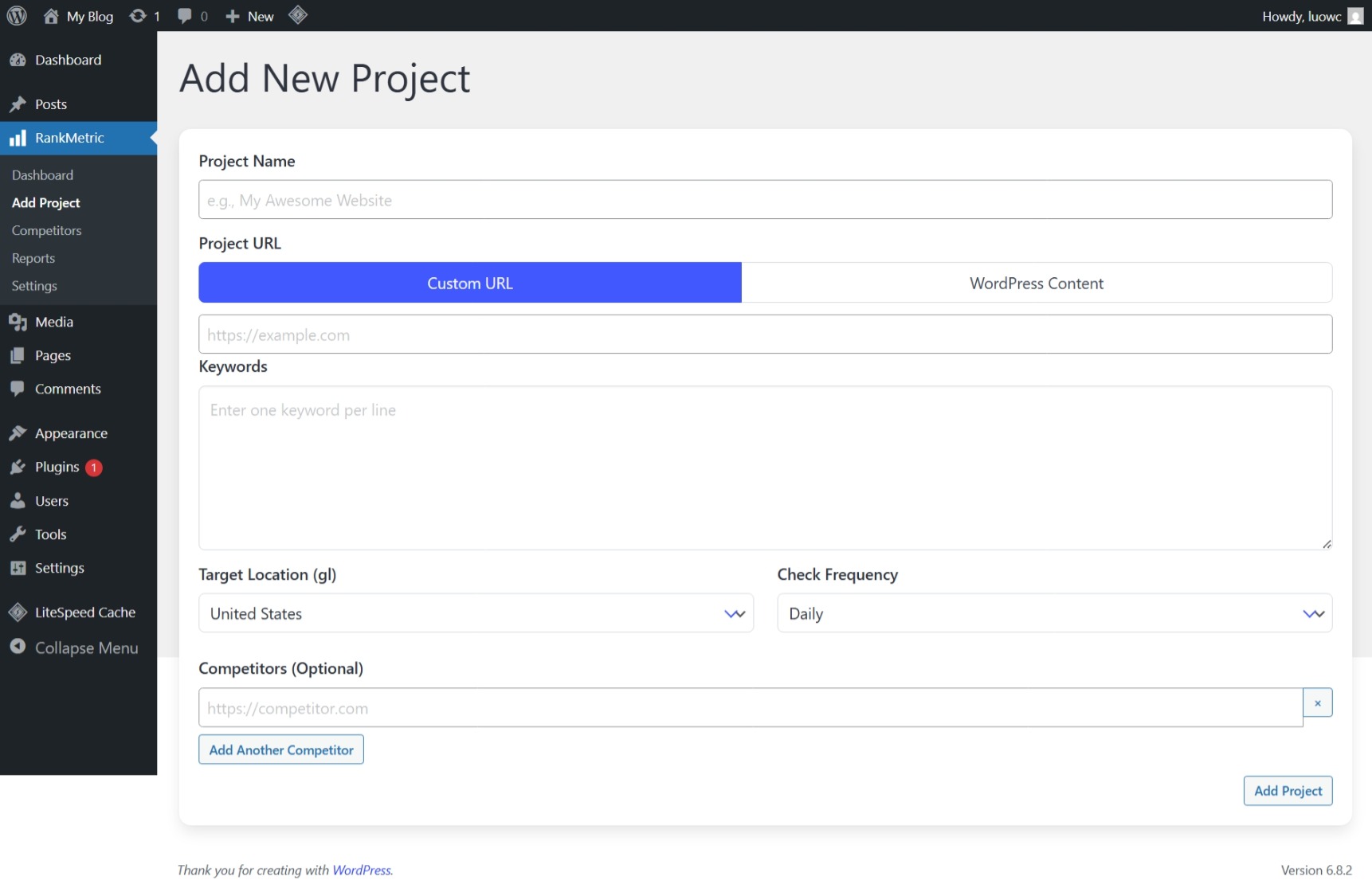 The "Add Project" page, with options for URL, keywords, location, and competitors.