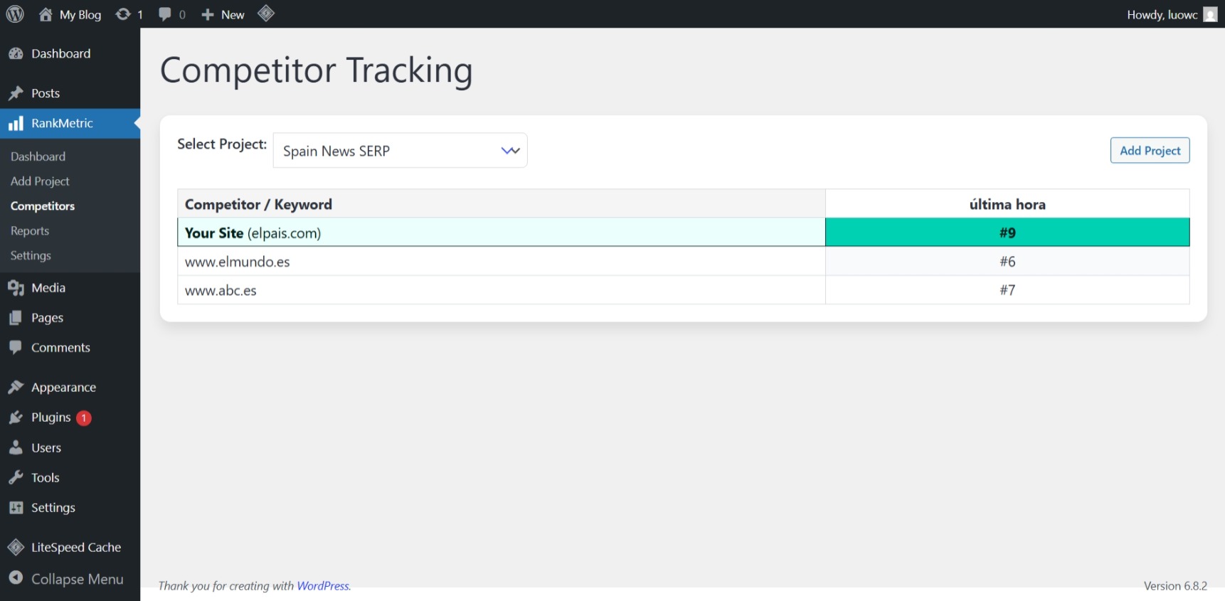 The Competitor Tracking view, showing a side-by-side comparison of rankings.