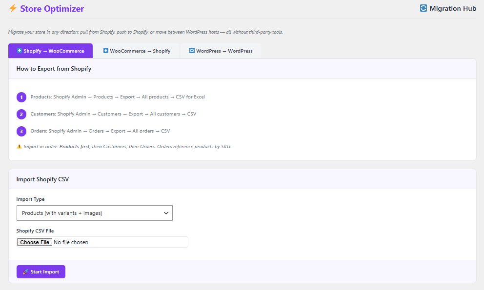 Migration Hub — Shopify ↔ WooCommerce and WP ↔ WP.