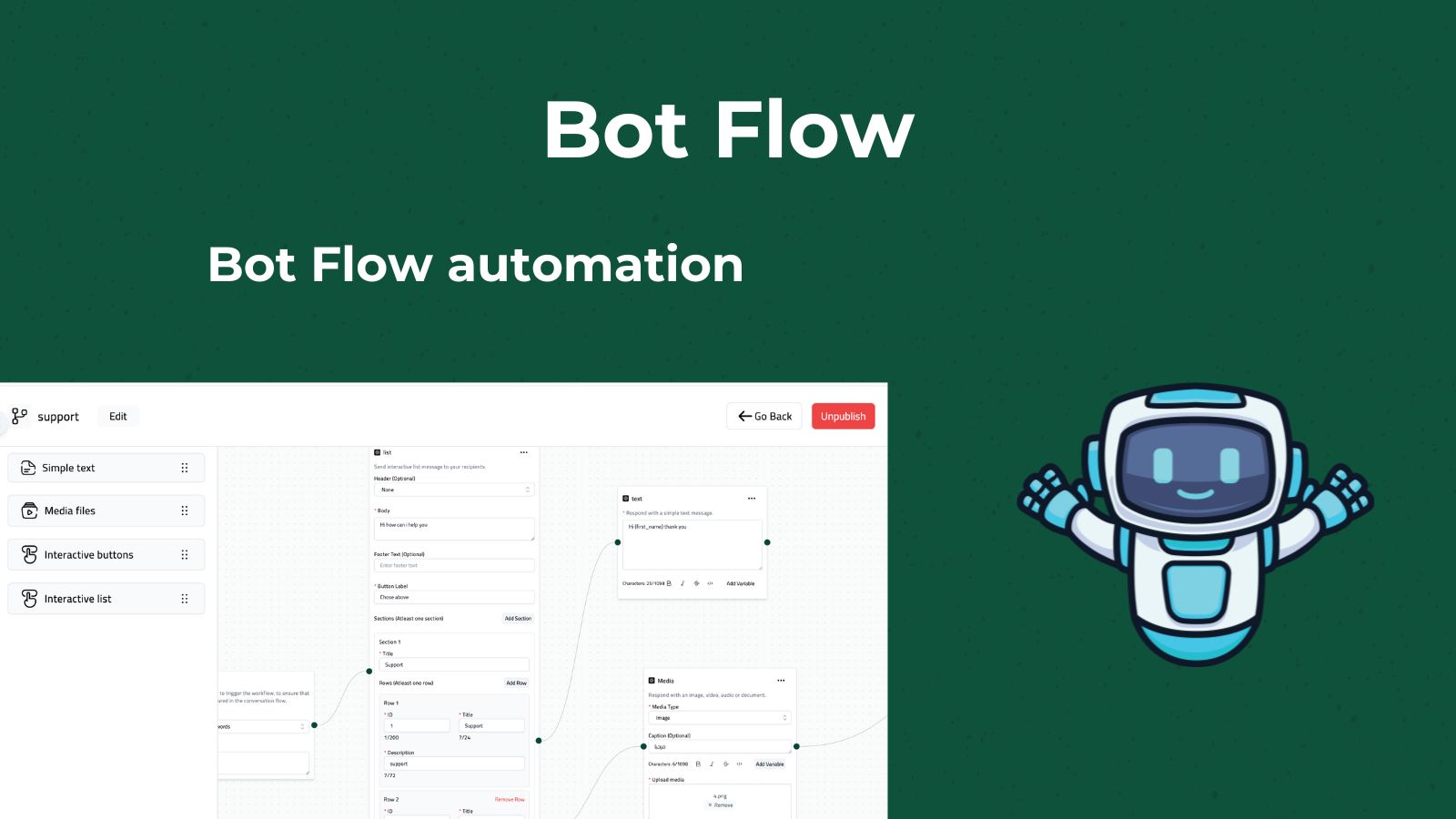 Bot Flow: A screenshot of the bot flow interface, illustrating how users can create and manage automated chat sequences. This visual will highlight the drag-and-drop functionality and the ease of setting up conversation flows to engage visitors or provide support.