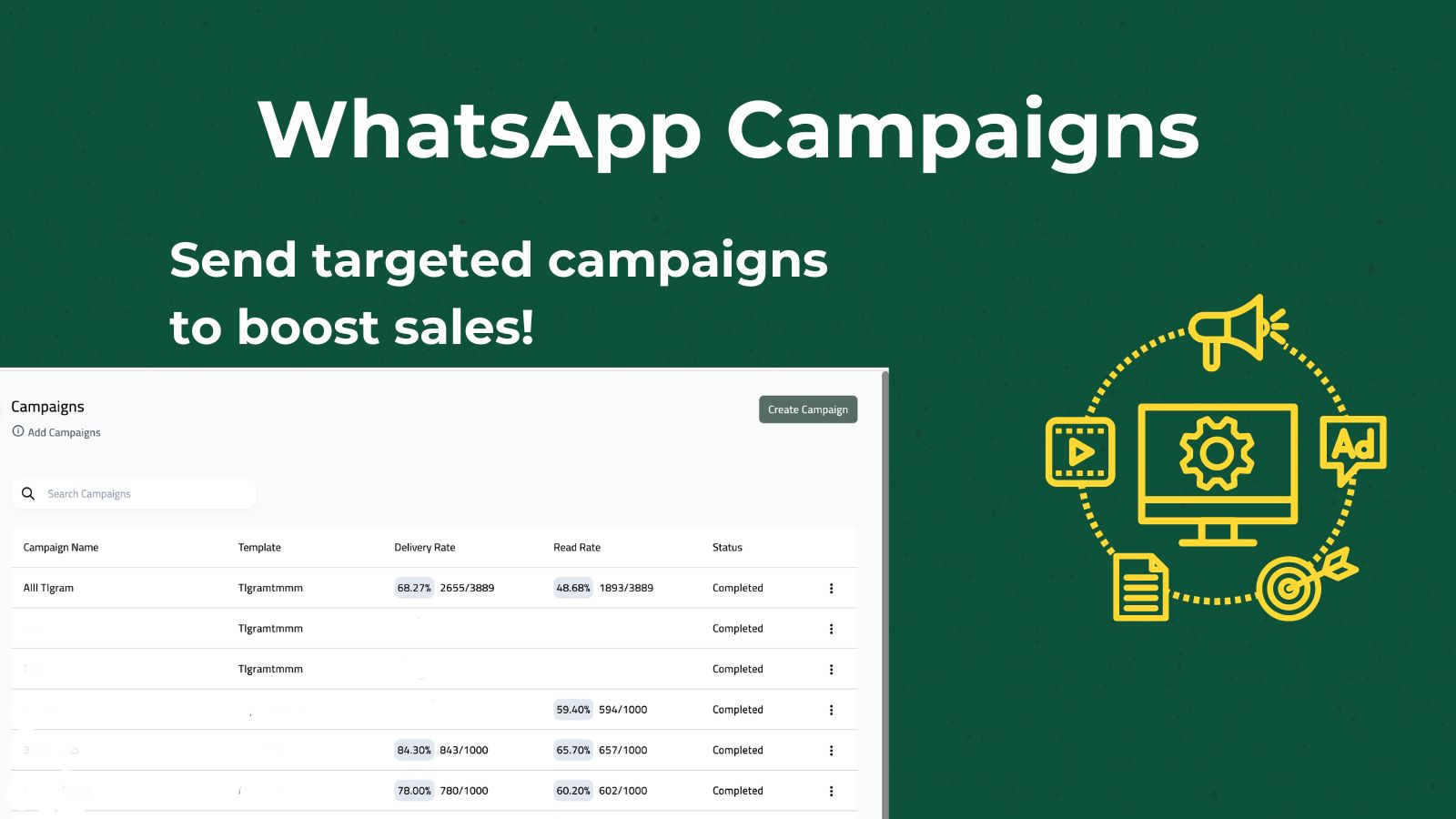 Campaign: A screenshot of the campaign management dashboard, showcasing the ability to create and track marketing campaigns directly from the Raselbot platform. This feature allows users to automate marketing efforts, sending targeted messages to their audience with just a few clicks.