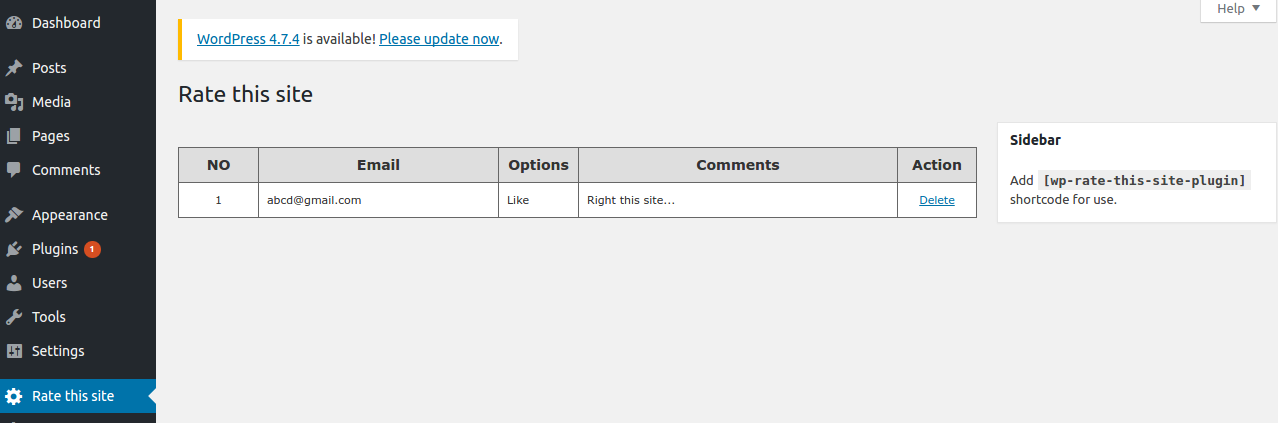 Admin back end to save rate this site form screenshot.