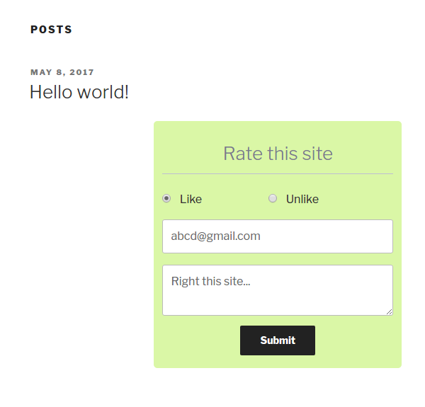 Front end user rate this site form send email box screenshot.