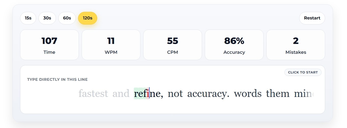 Desktop typing test in progress with live highlight and stats.