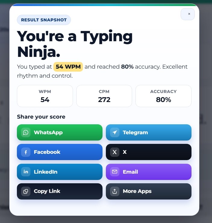 Final result popup with share actions.