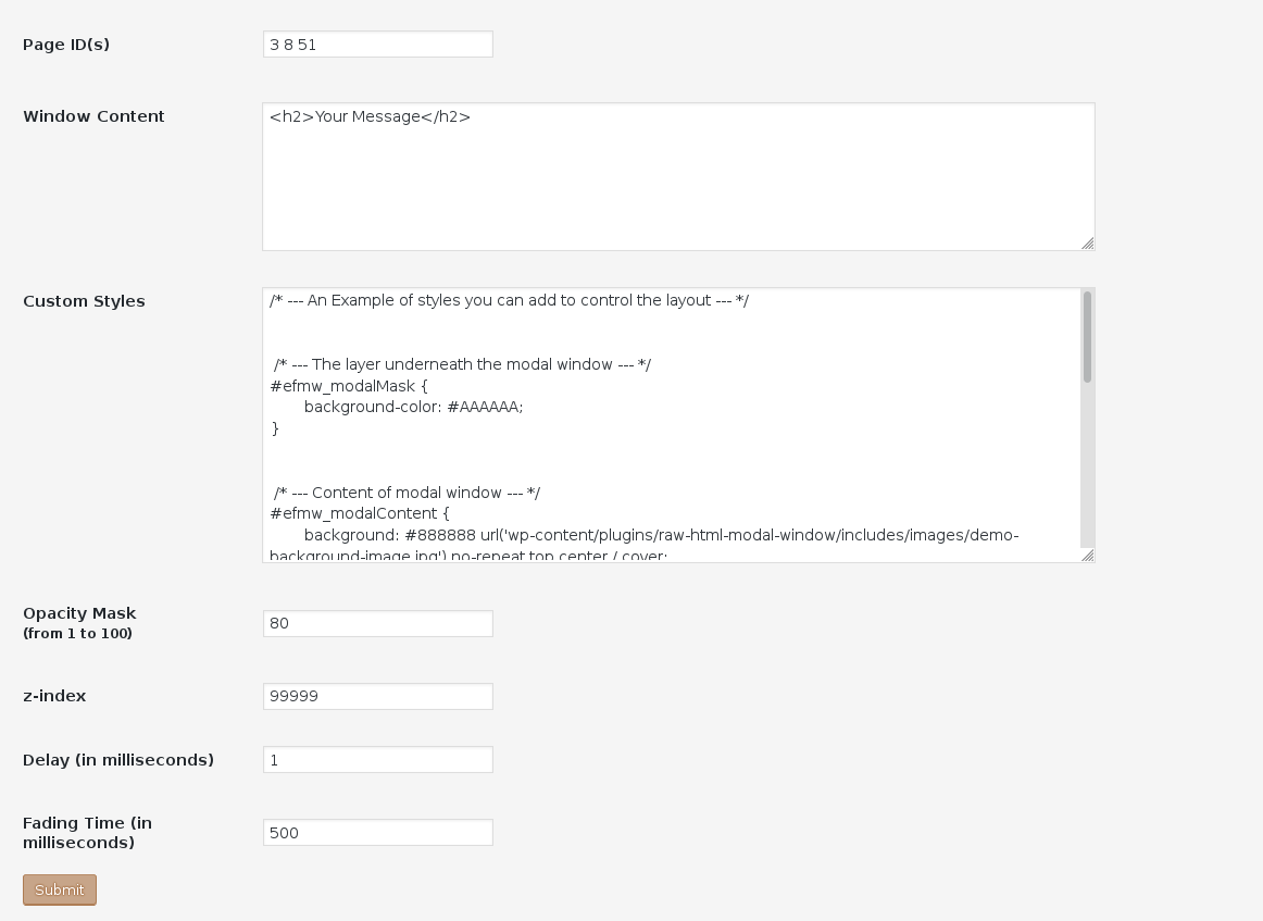 The Raw HTML Modal Window edition page