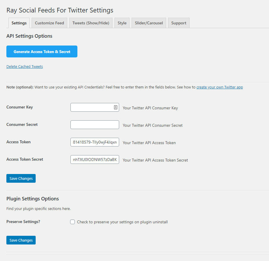 Settings: The settings page for our plugin. You can generate your access token and secret here.