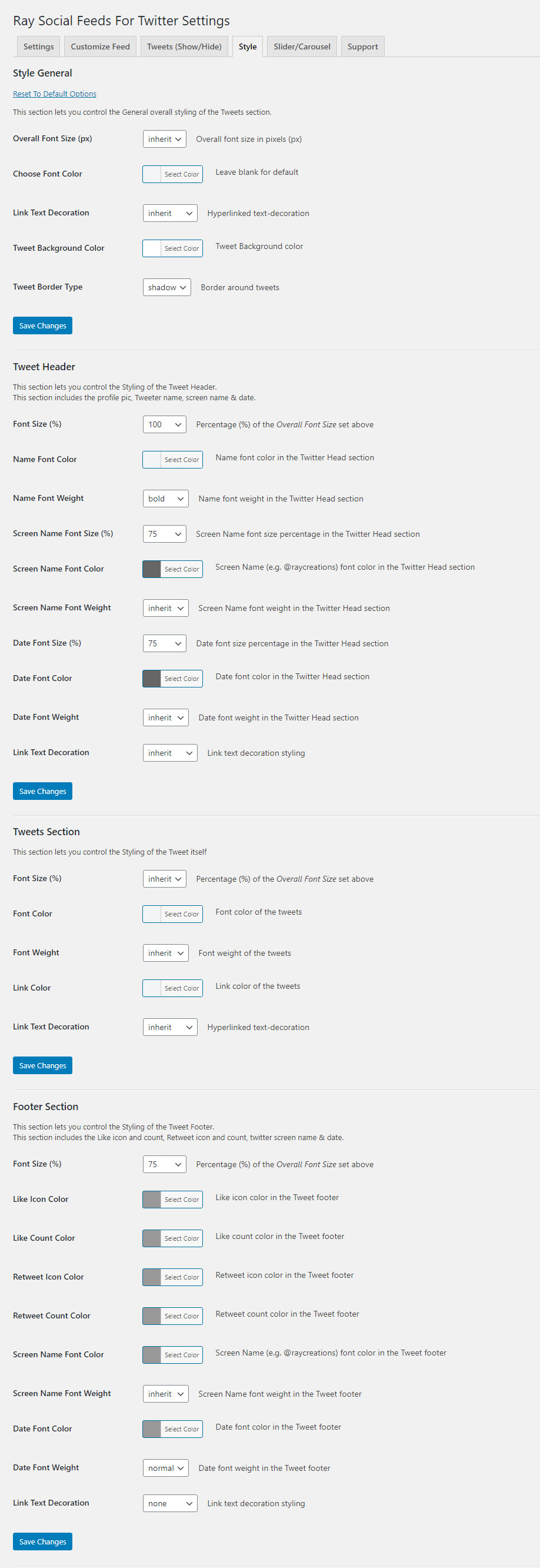 Style: Lets you inherit from the theme style sheet or specify your own styles for different sections of the tweet.
