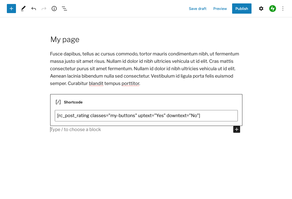 This screenshot shows the shortcode method of adding the Post ratings buttons to page content which allows setting custom attributes