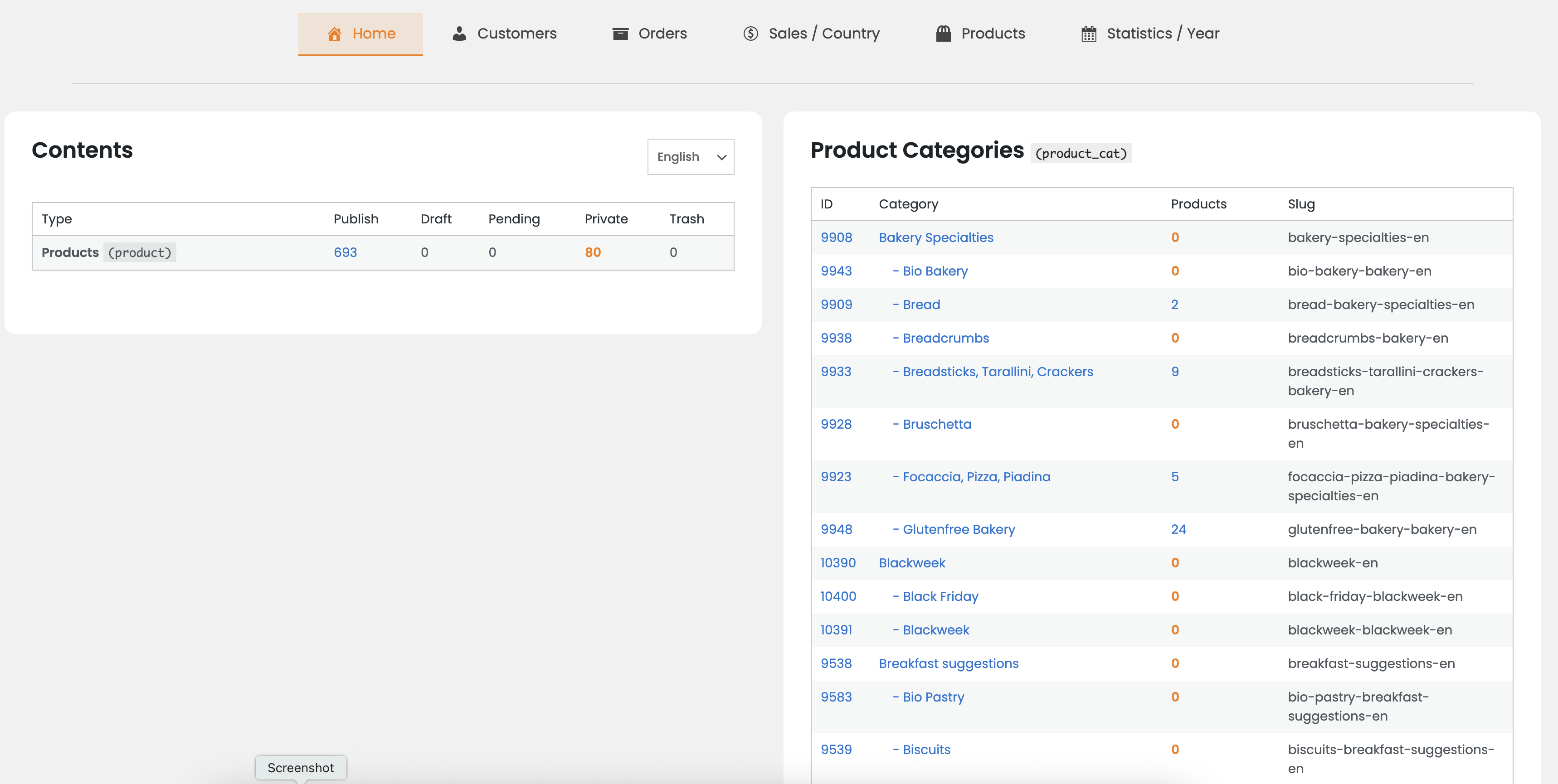 WooCommerce products list with stock and sales tracking