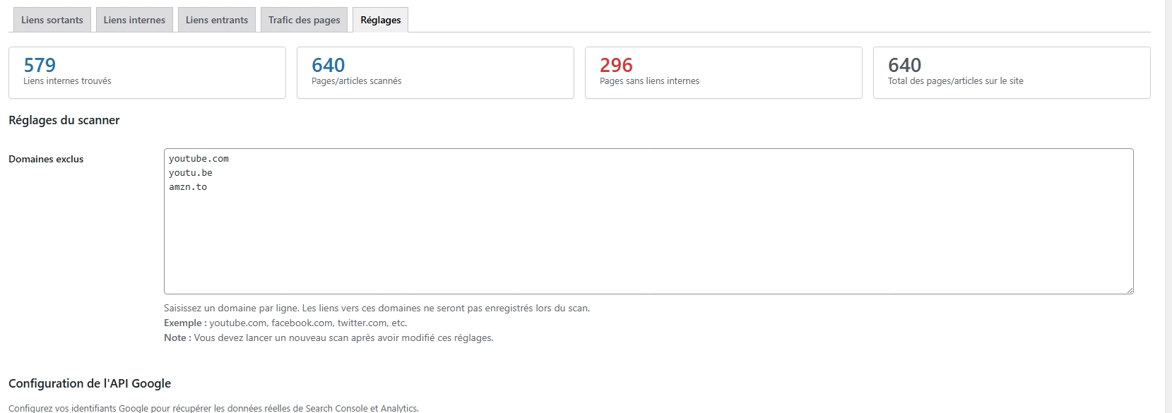 Settings - Excluded domains and Google API configuration