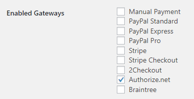 Authorize.net in the enabled gateways list.