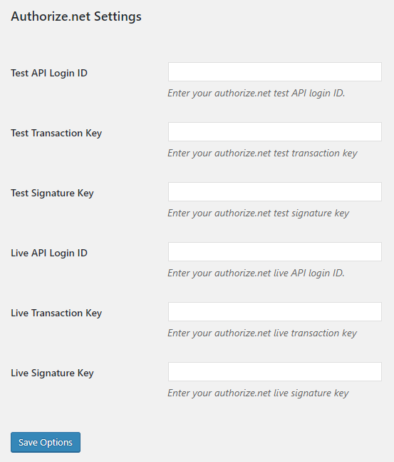 Authorize.net API key settings.