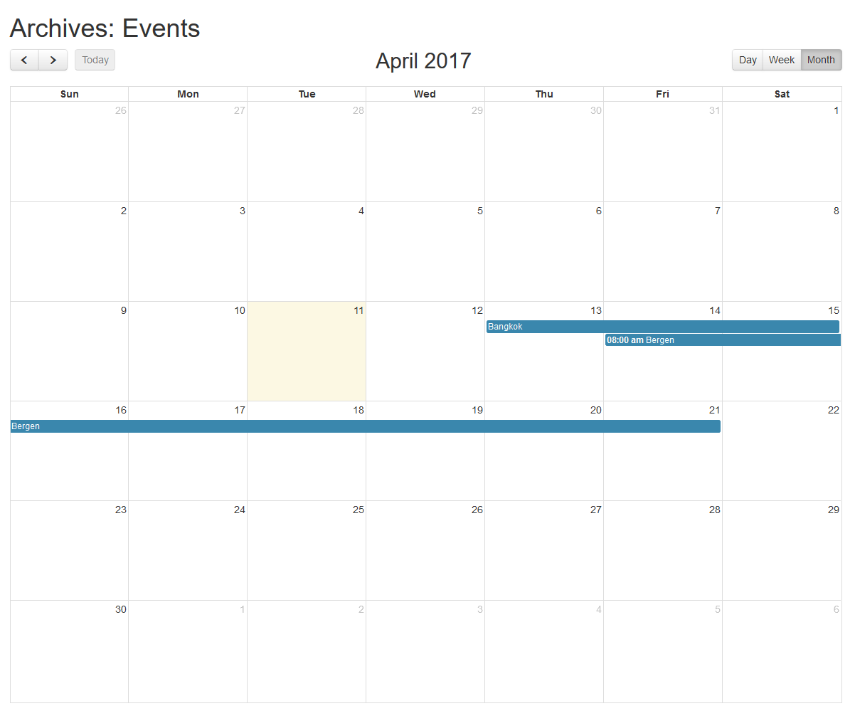 Example of event calendar in archive page. You can also switch view to day/week/month. Thanks to Fullcalendar for this powerful calendar javascript.