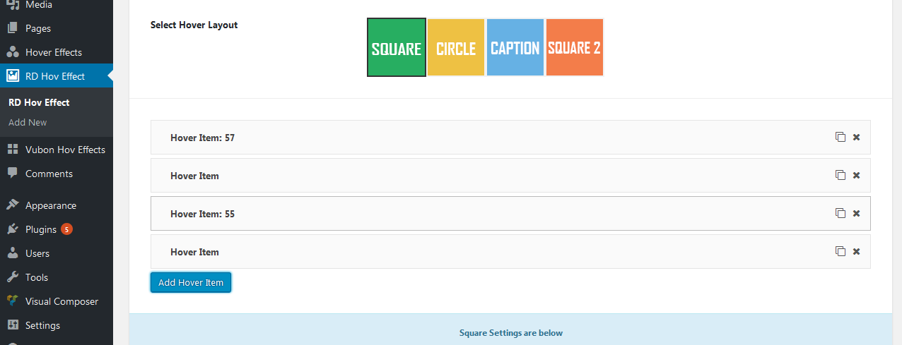 You can select which Hover item you want to appear first.  You can also select all of your items and drag to move the order of each up and down in the Custom Post Panel.