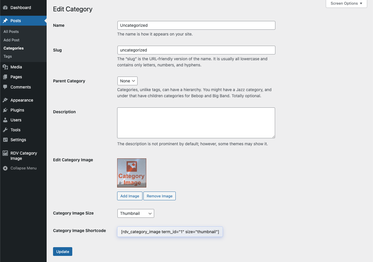 Edit Category page - shortcode preview.