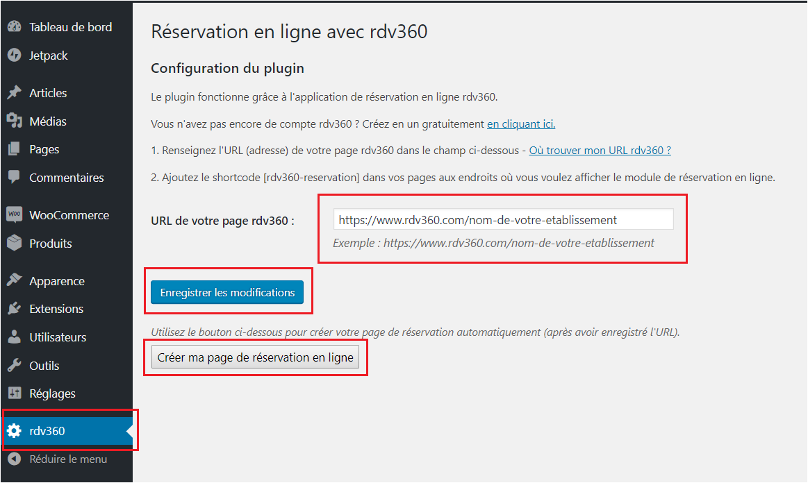 Aperçu du panneau de configuration Rdv360