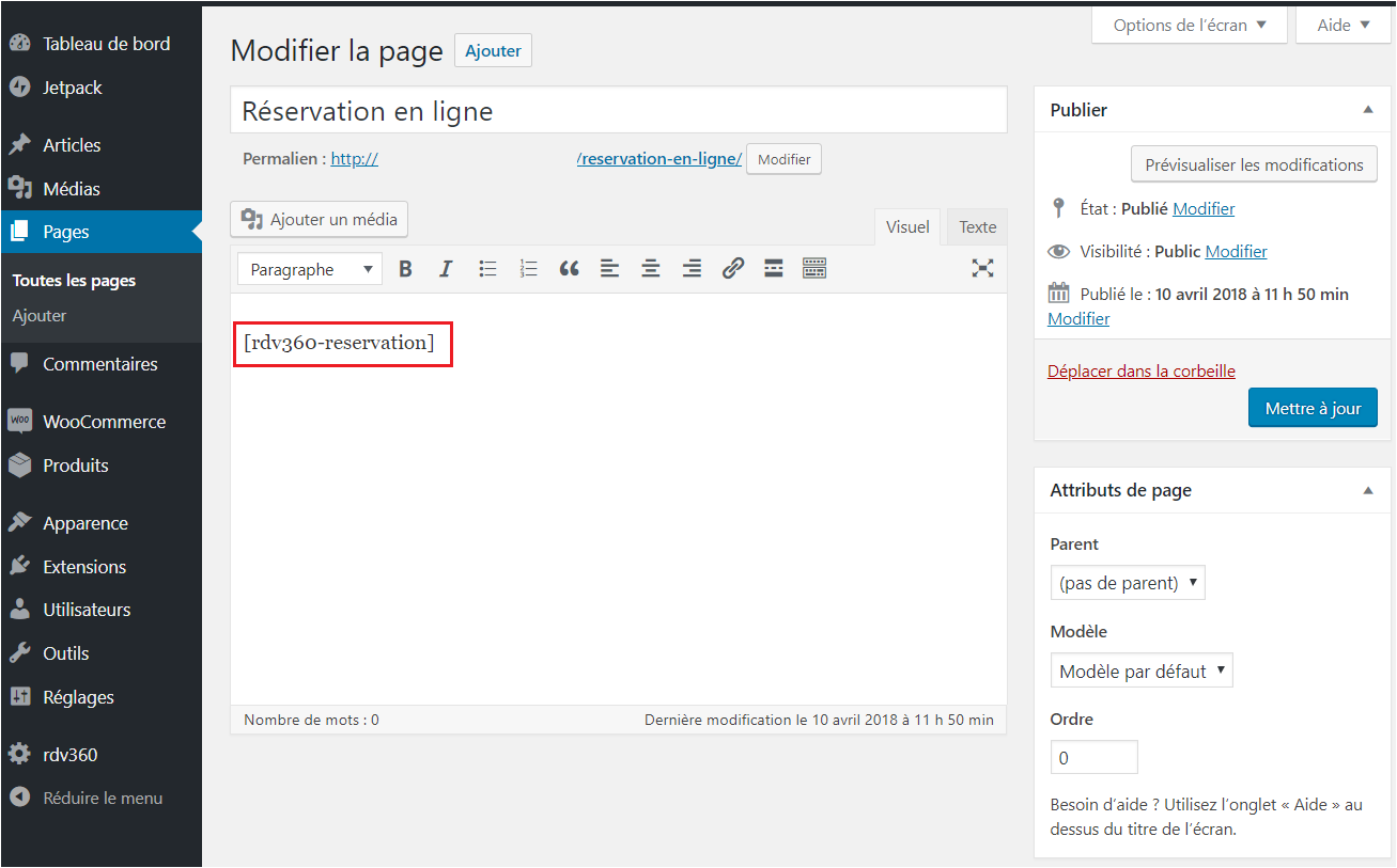 Code d'appel à l'affichage de la prise de rdv : [rdv360-reservation]