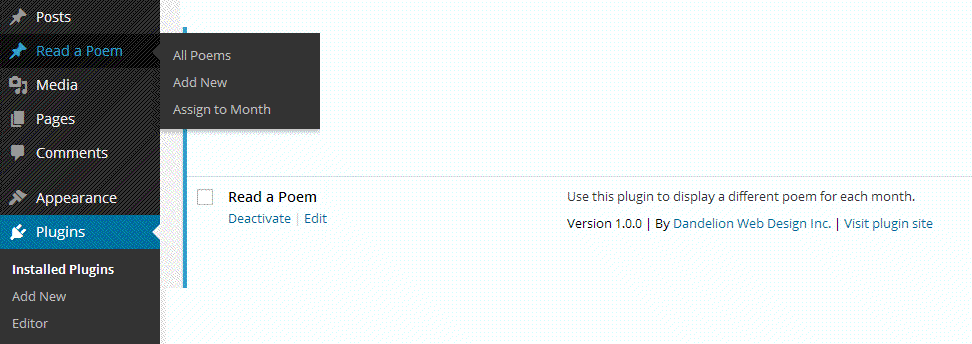 Install and activate the plugin.  Then navigate to the new "Read a Poem" custom post type in the admin.