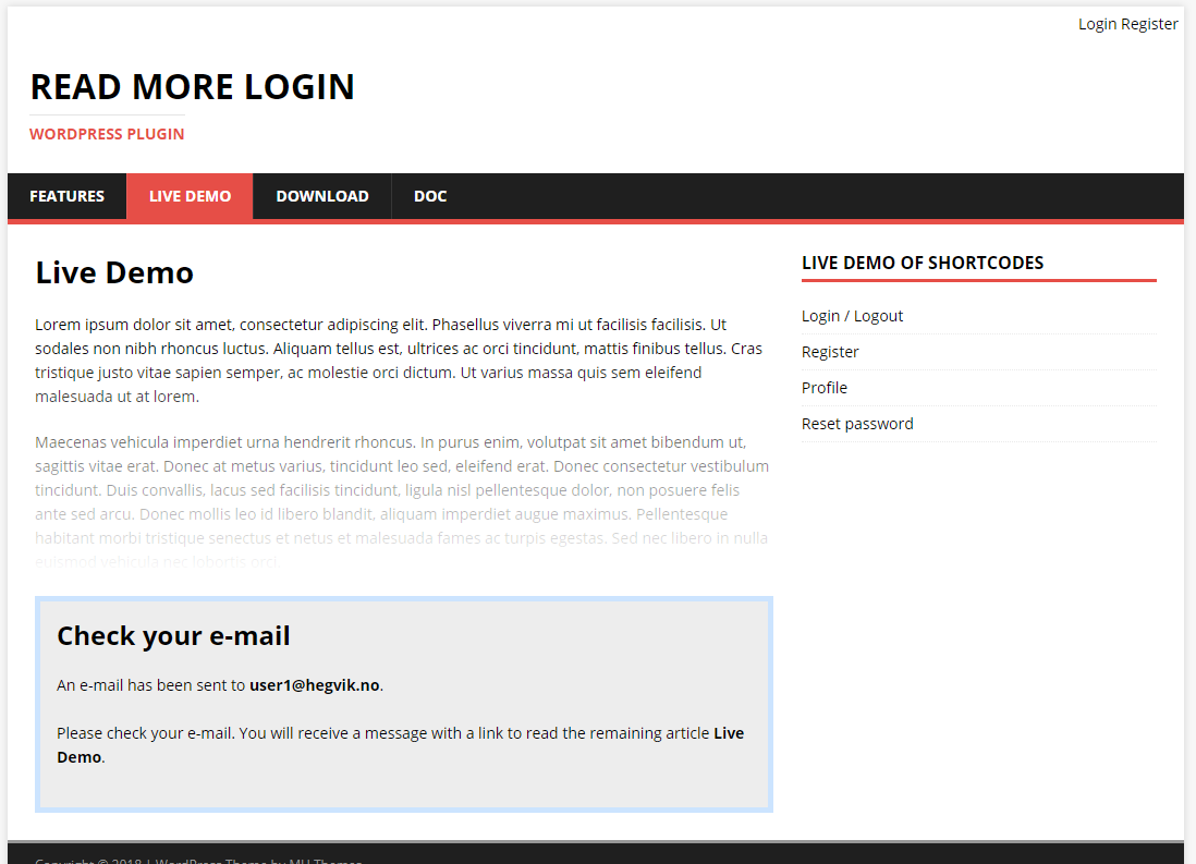 Registration using the separate registration page. First name and last name are optional and configurable fields.