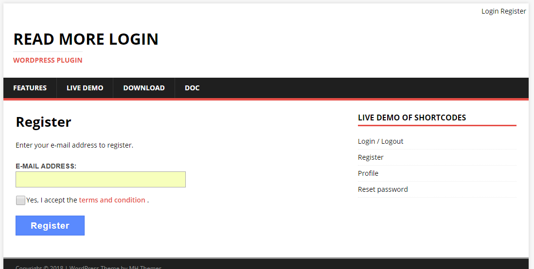 Status pages with registration and password recovery status.