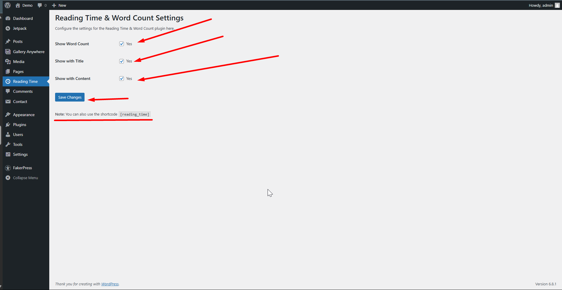 Admin Settings page and Output