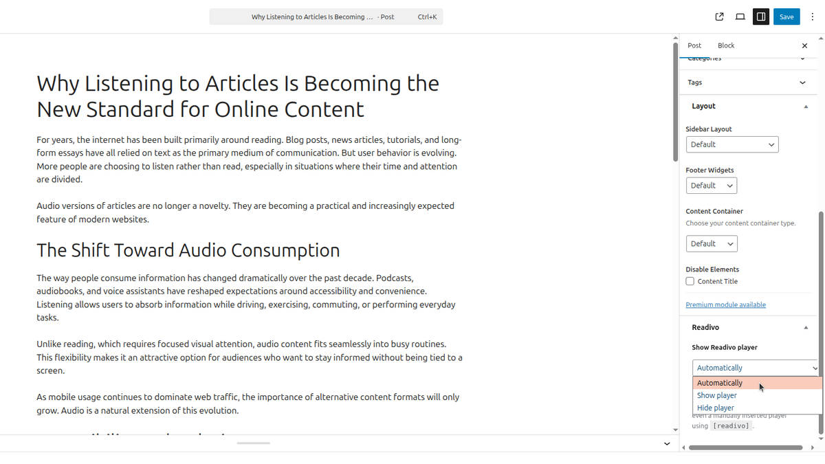 Readivo metabox in post editor.