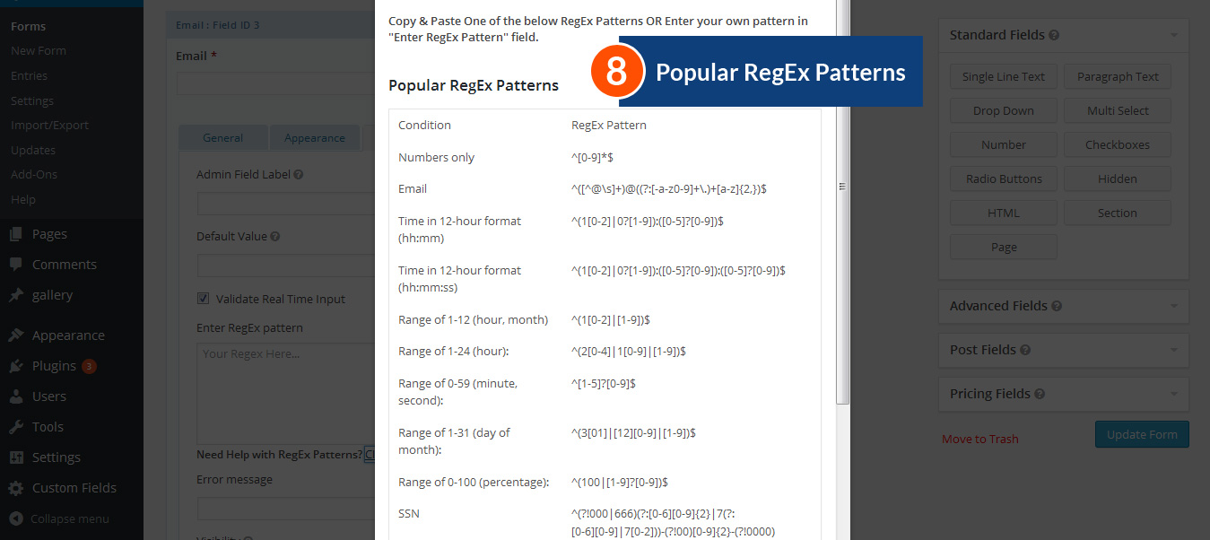 Input custom error message is thrown when pattern validation fails.