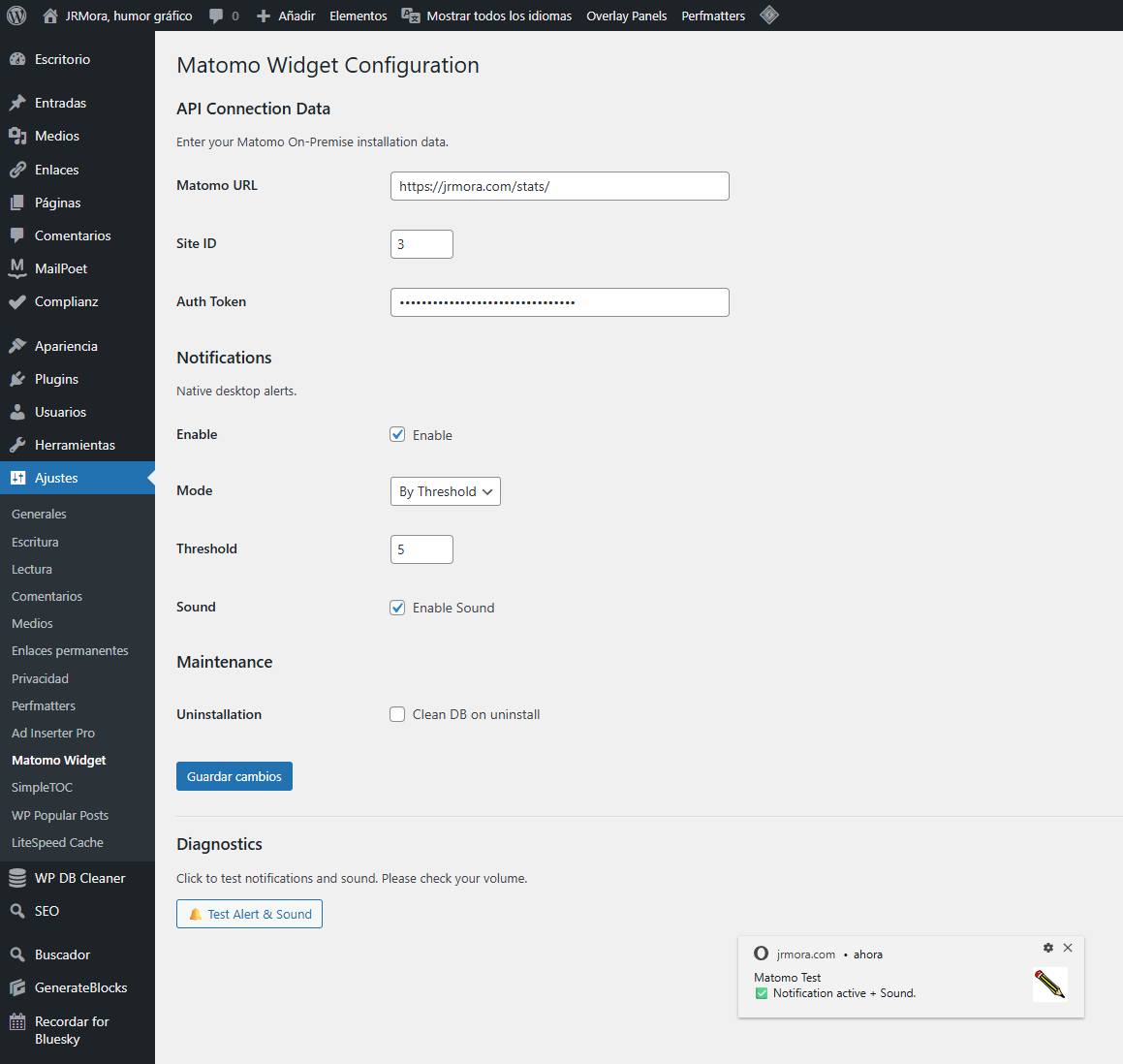 Plugin settings page with notification and sound options.