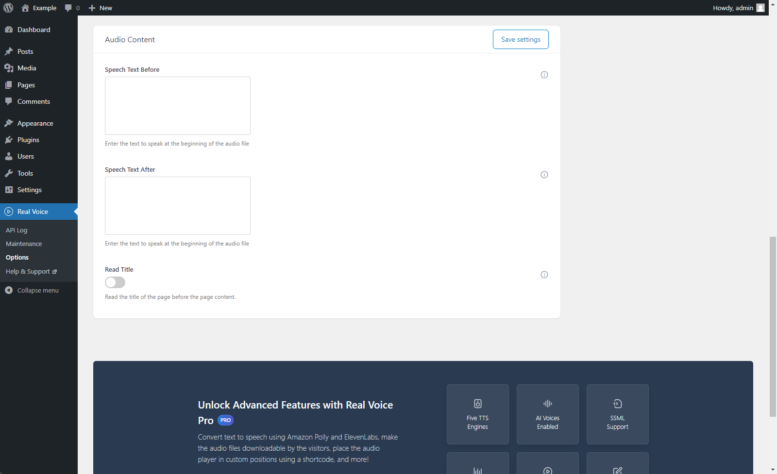 Perform bulk actions like deleting API log data, resetting options, and more.