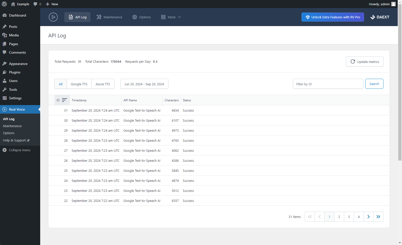 Options menu in the "Azure Text to Speech" section.