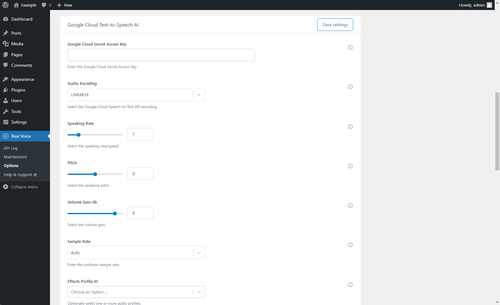 Options menu in the "Audio Content" section.