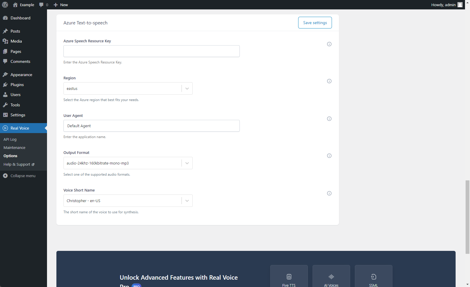 Options menu in the "Advanced" tab.