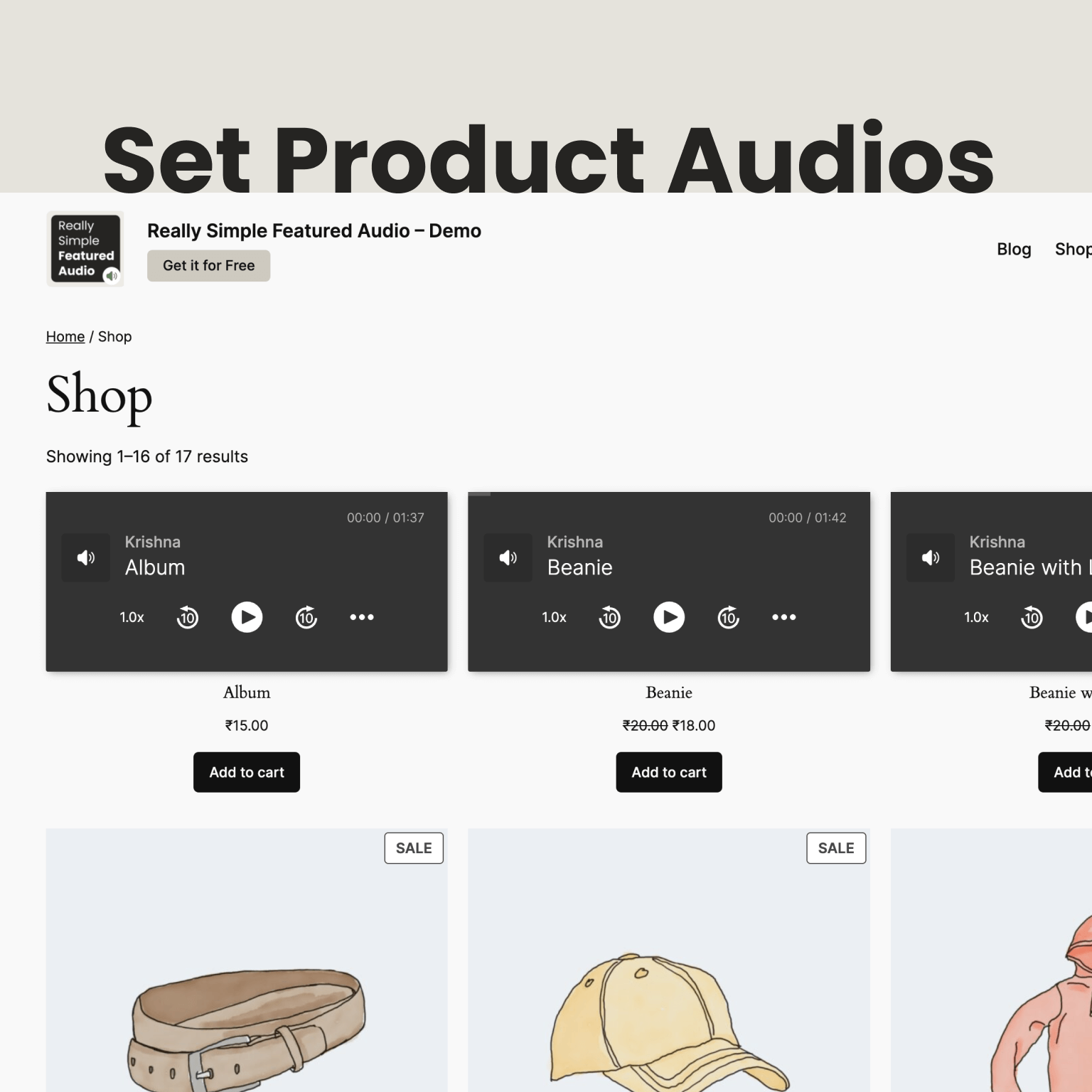 **WooCommerce Shop Page** - Audio players integrated seamlessly with product thumbnails