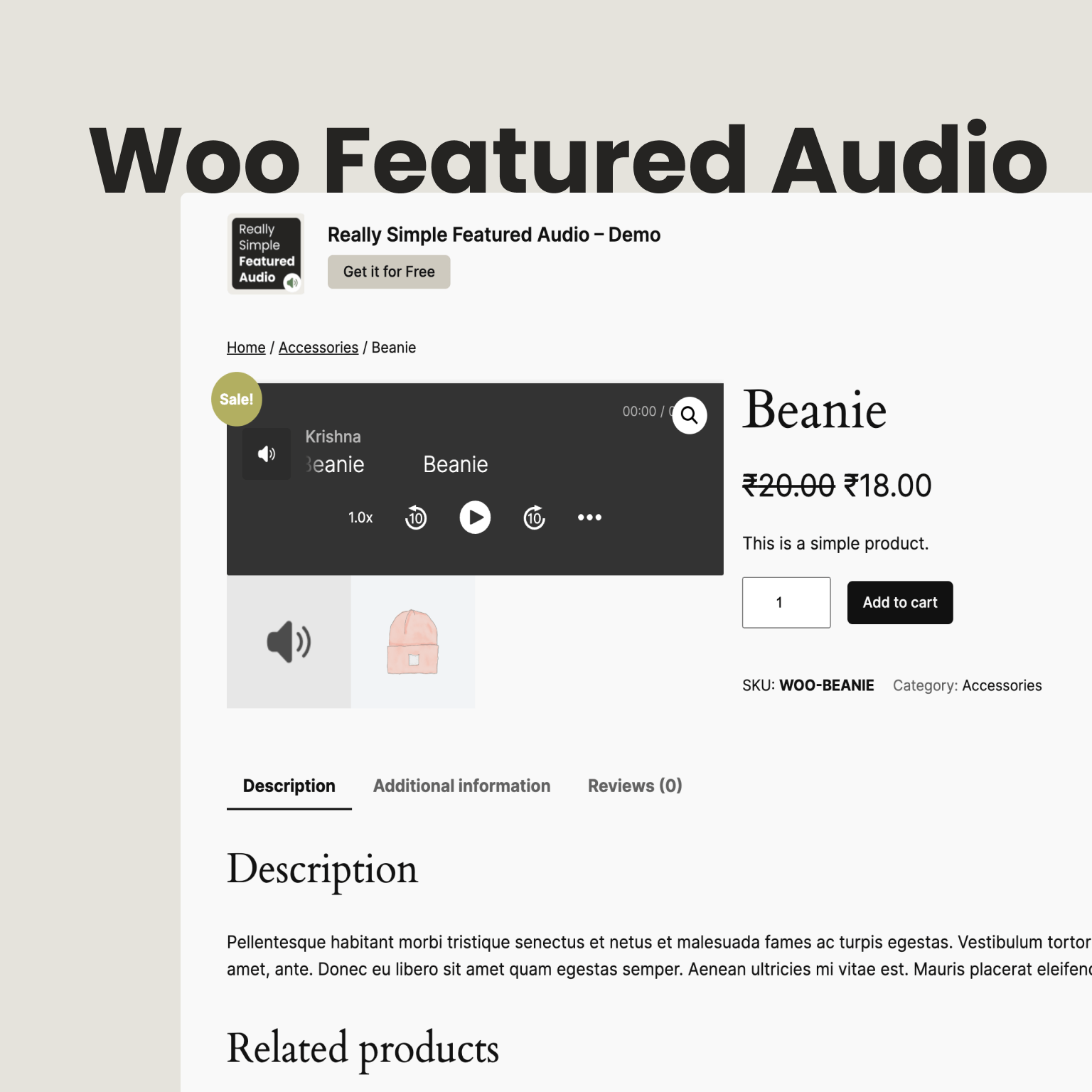 **WooCommerce Single Product Page** - Professional audio player in product gallery
