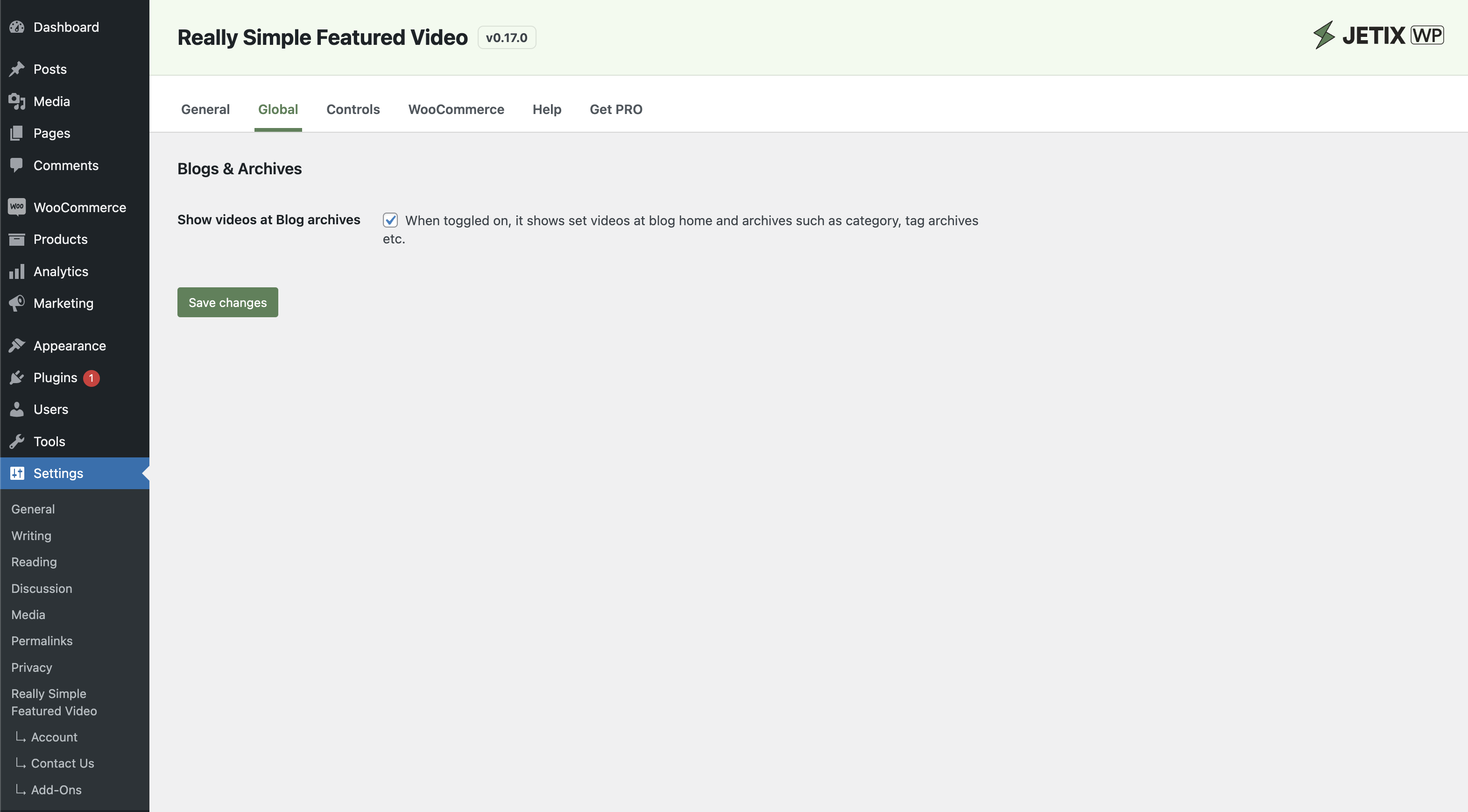 Global settings page view.