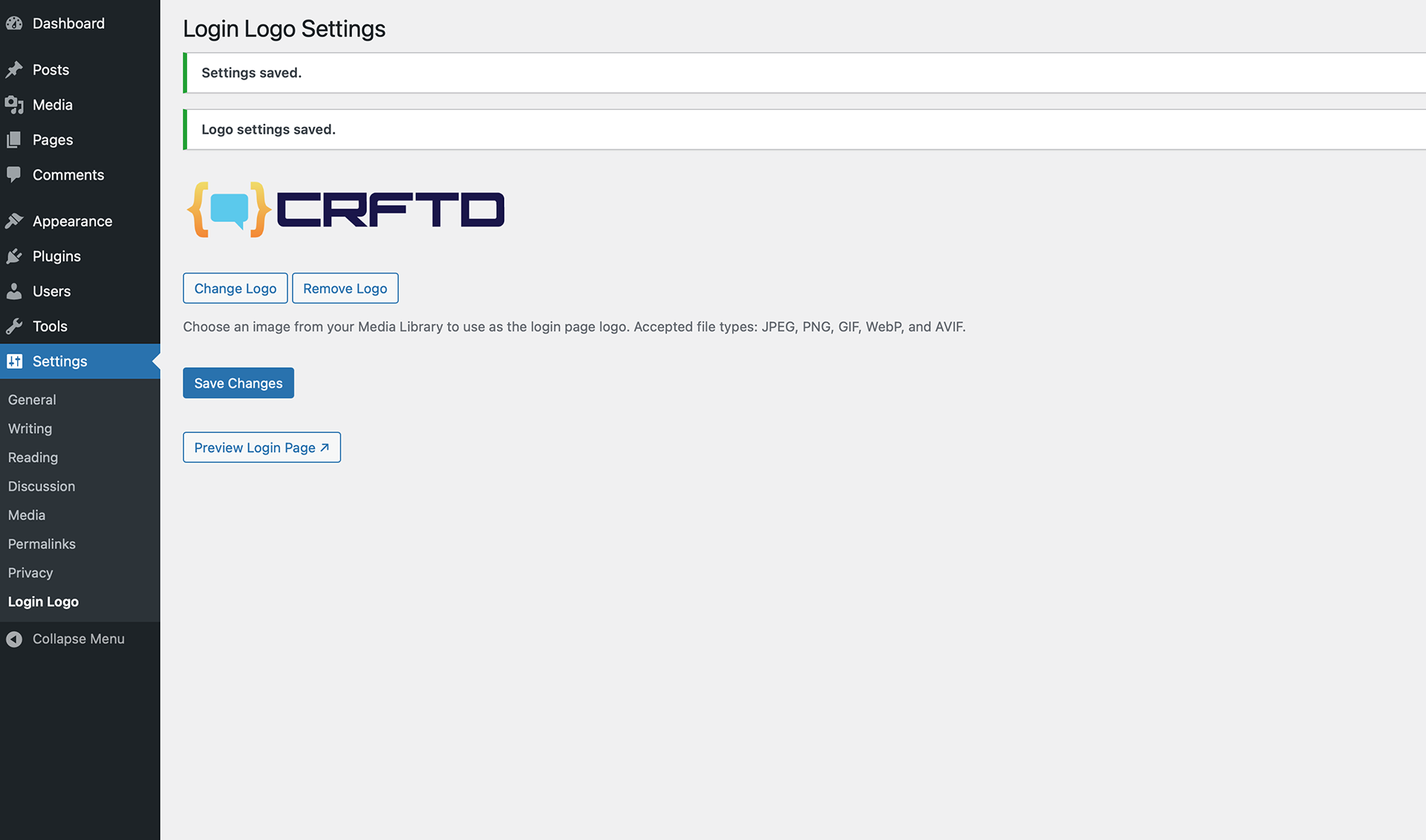 Admin interface with saved logo notifications and preview option
