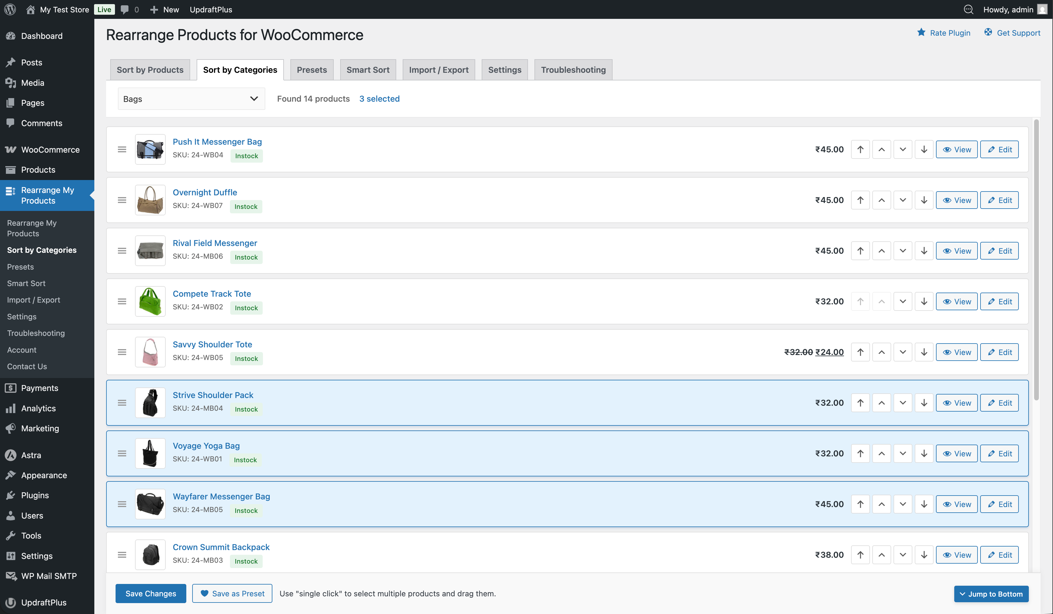 Ability to select multiple products and sort