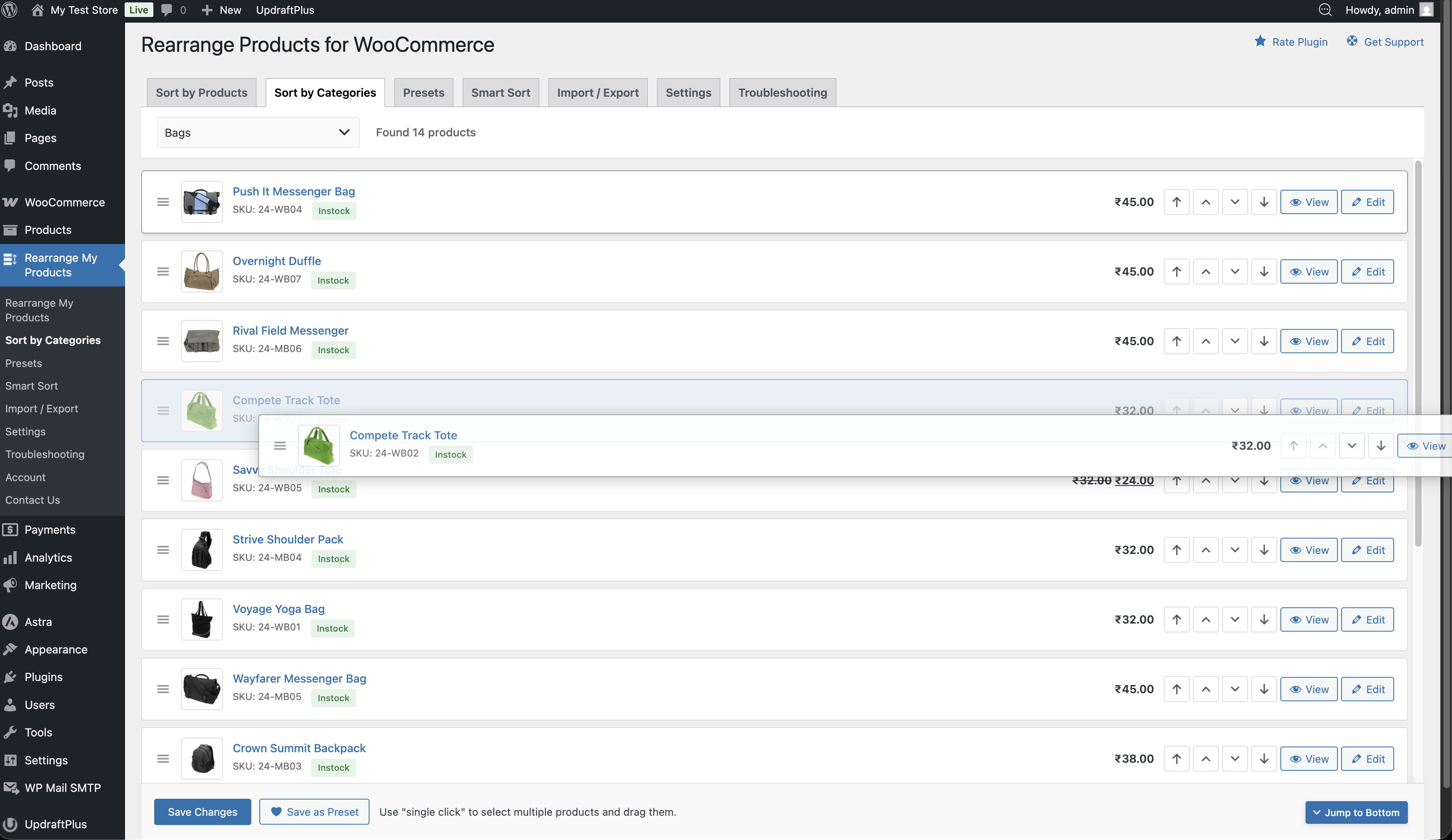 Products sorted by Categories for reordering
