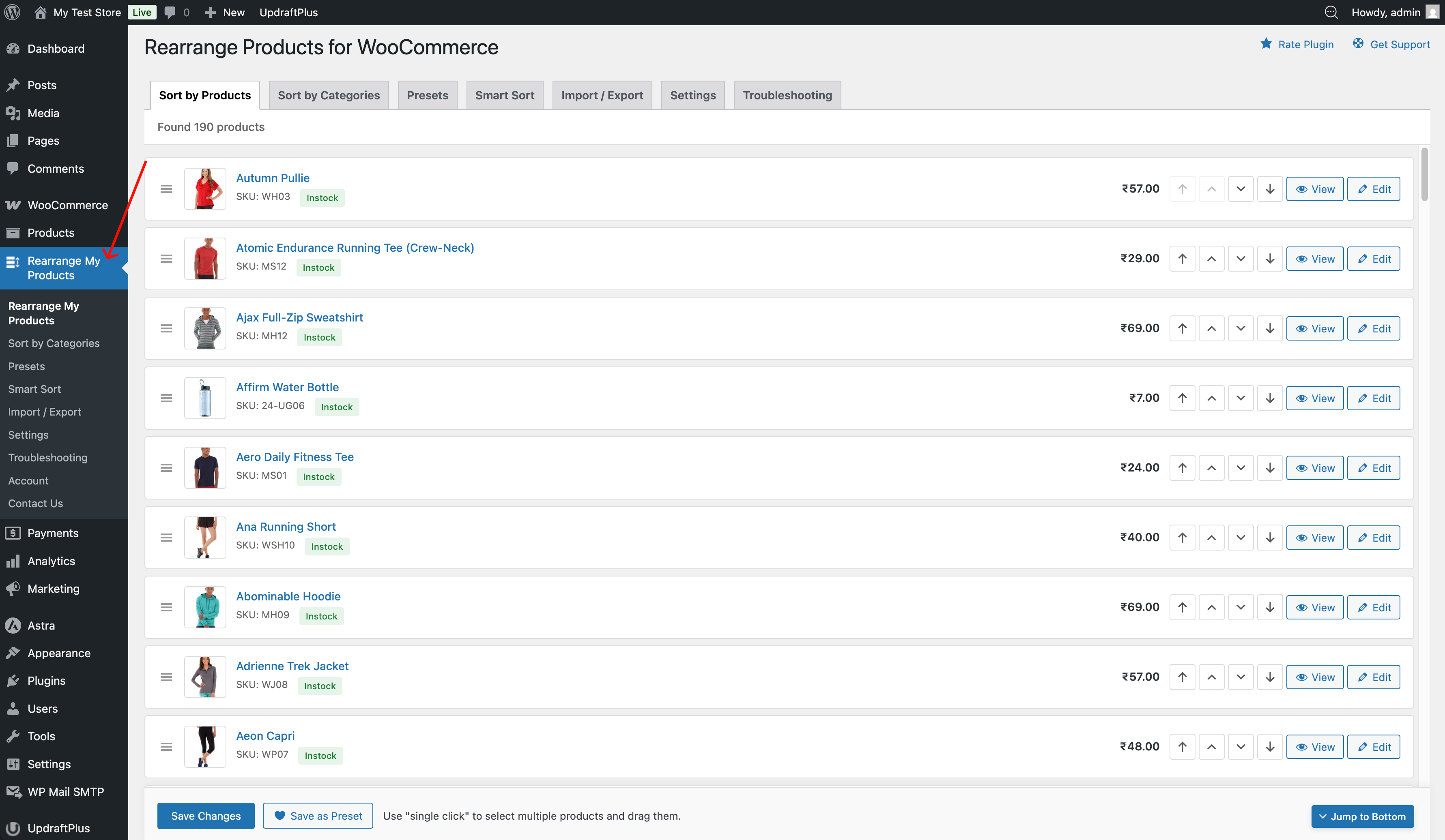 Shortcut link under Categories section to sort by categories
