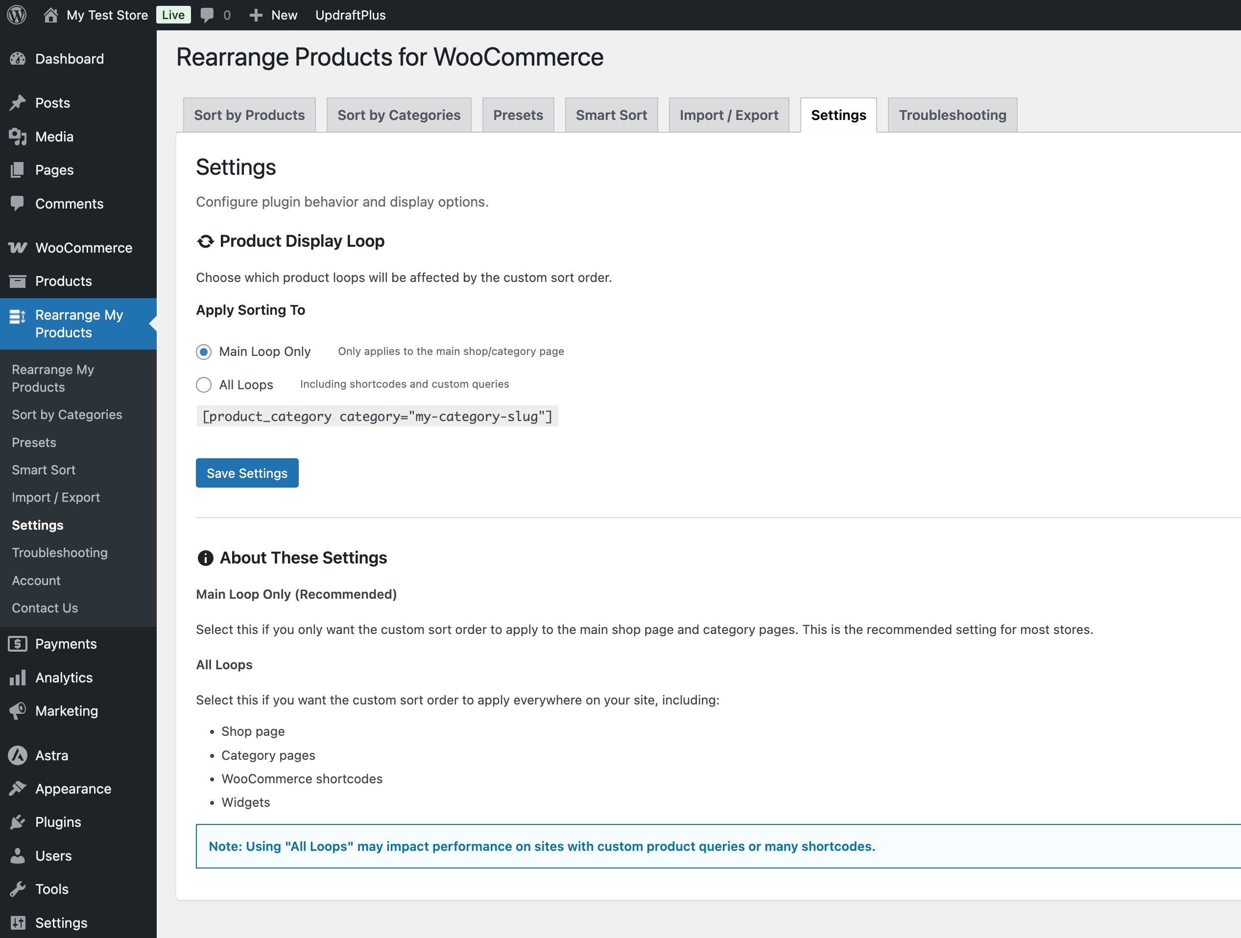 Settings to Apply sorting on Main loop or All loops