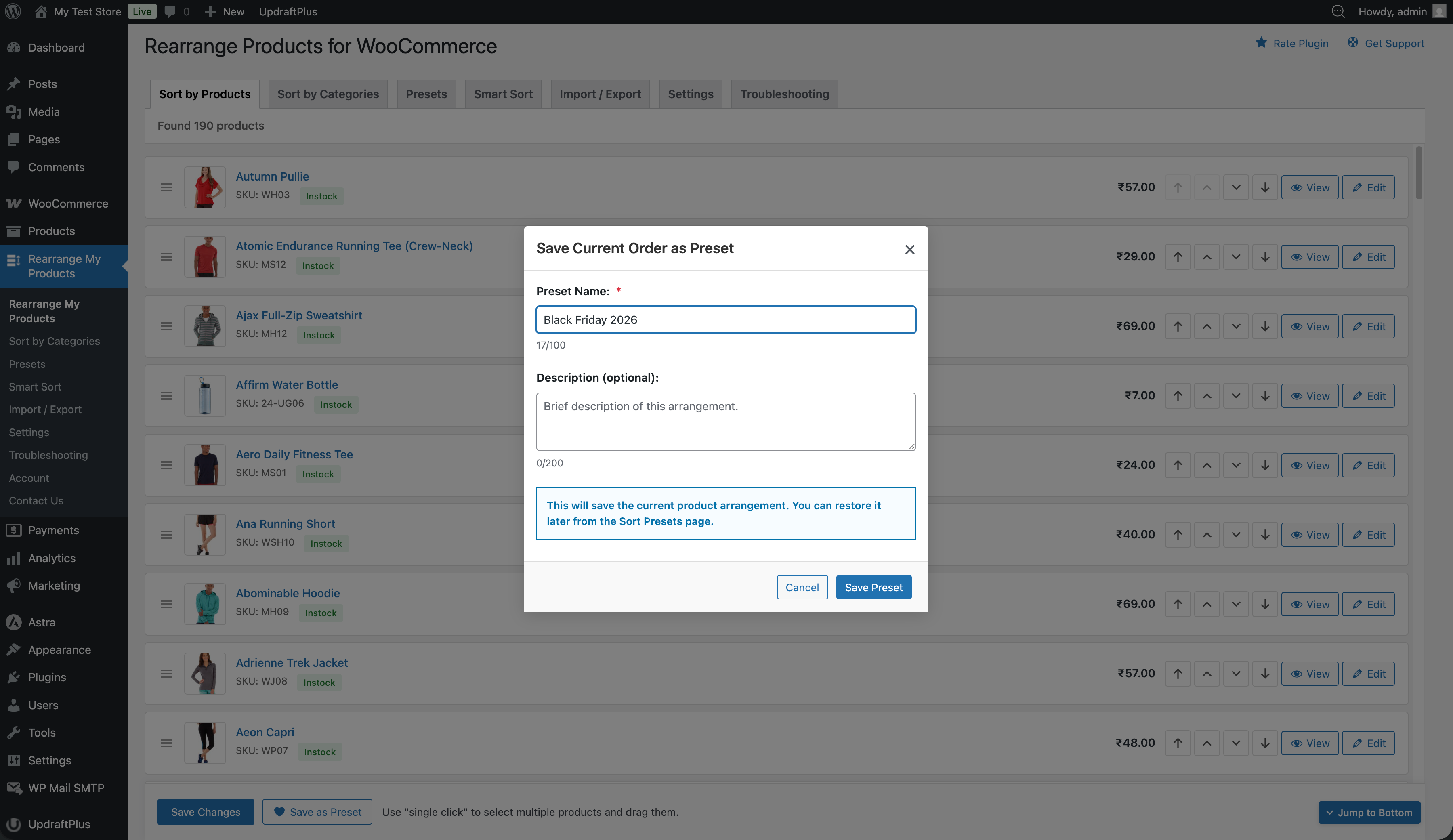Sort Presets — Save and manage product arrangements (Pro)
