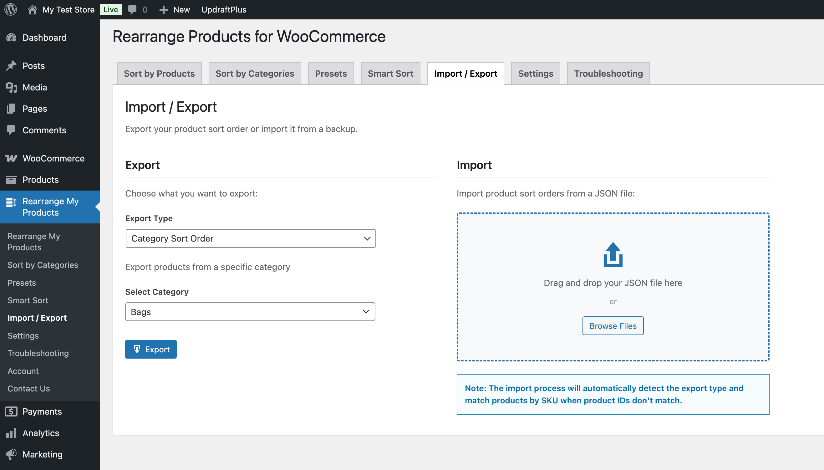 Import / Export — Transfer product arrangements between sites (Pro)