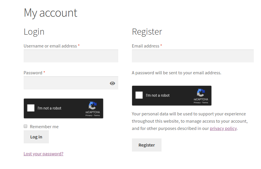 reCAPTCHA Lite - WooCommerce Login and Register Forms with Dark theme