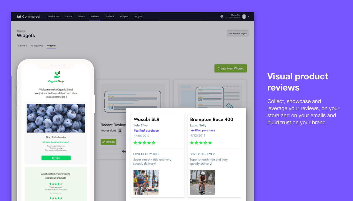 Collect, showcase and leverage your reviews (on your site and in emails) to build brand trust.