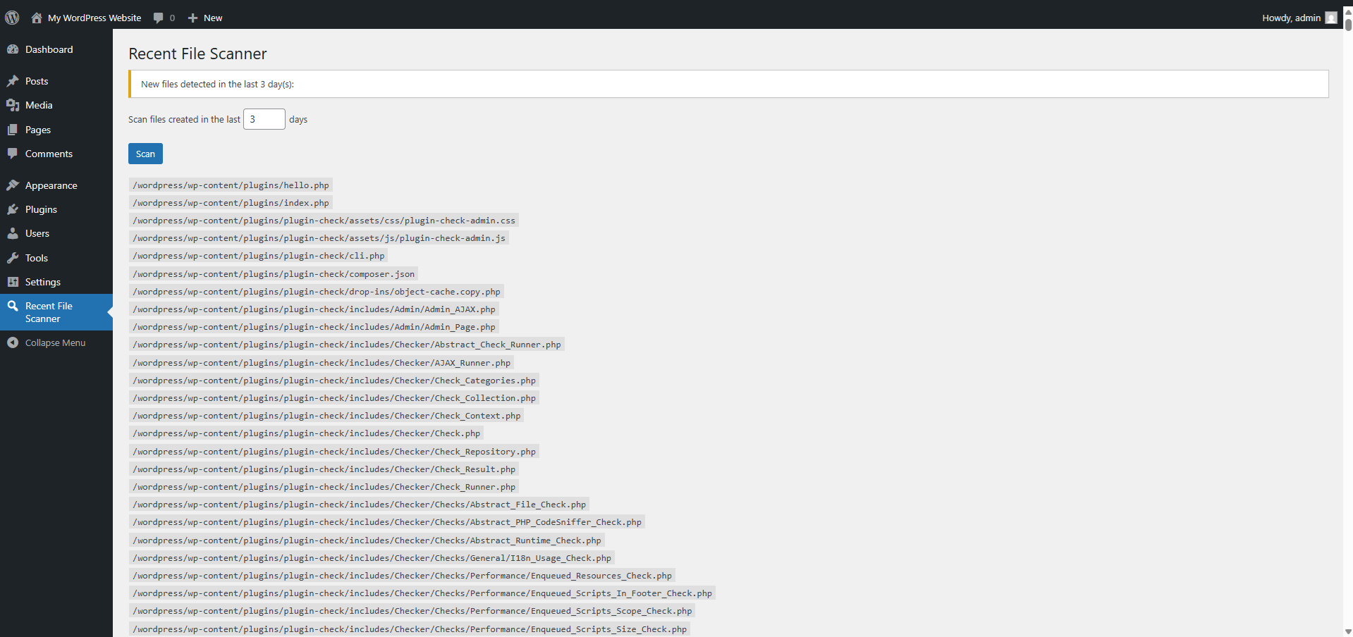 List of detected recent files