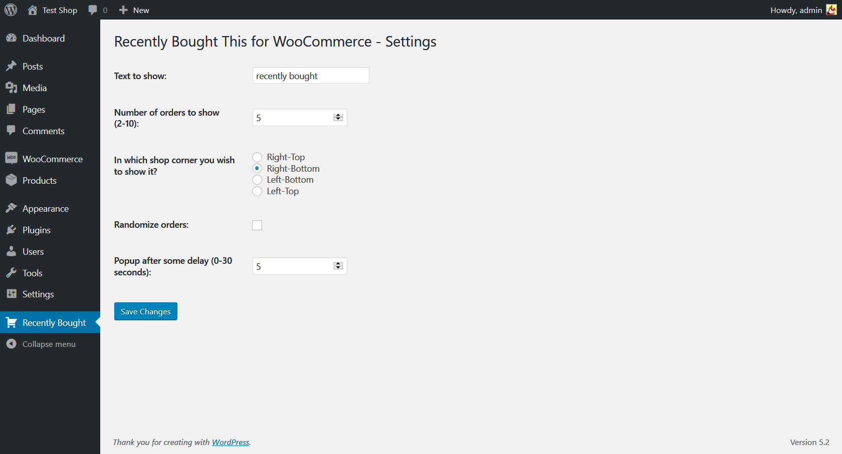 Screenshot 2 - Recently Bought This for WooCommerce - settings page.