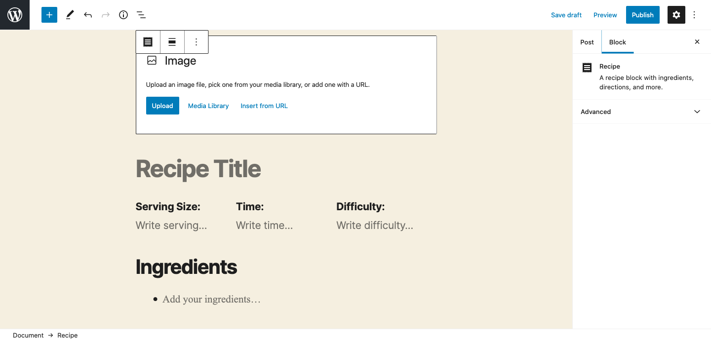 The recipe block just added to a post, showing the default recipe template.