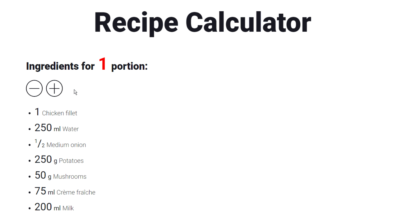 Recipe Calculator preview on the frontend.