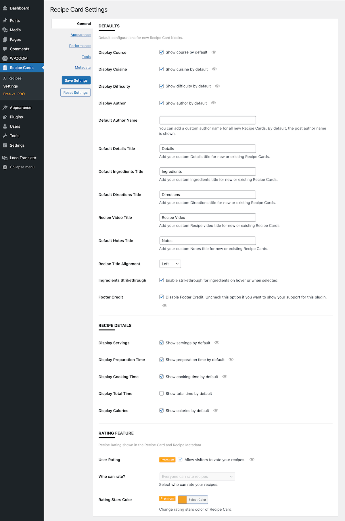Settings page